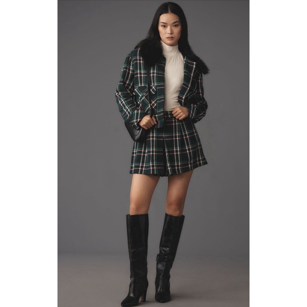 Anthropologie Maeve Collar Coat Women Green Plaid Crop Faux Fur Retro Large NWT